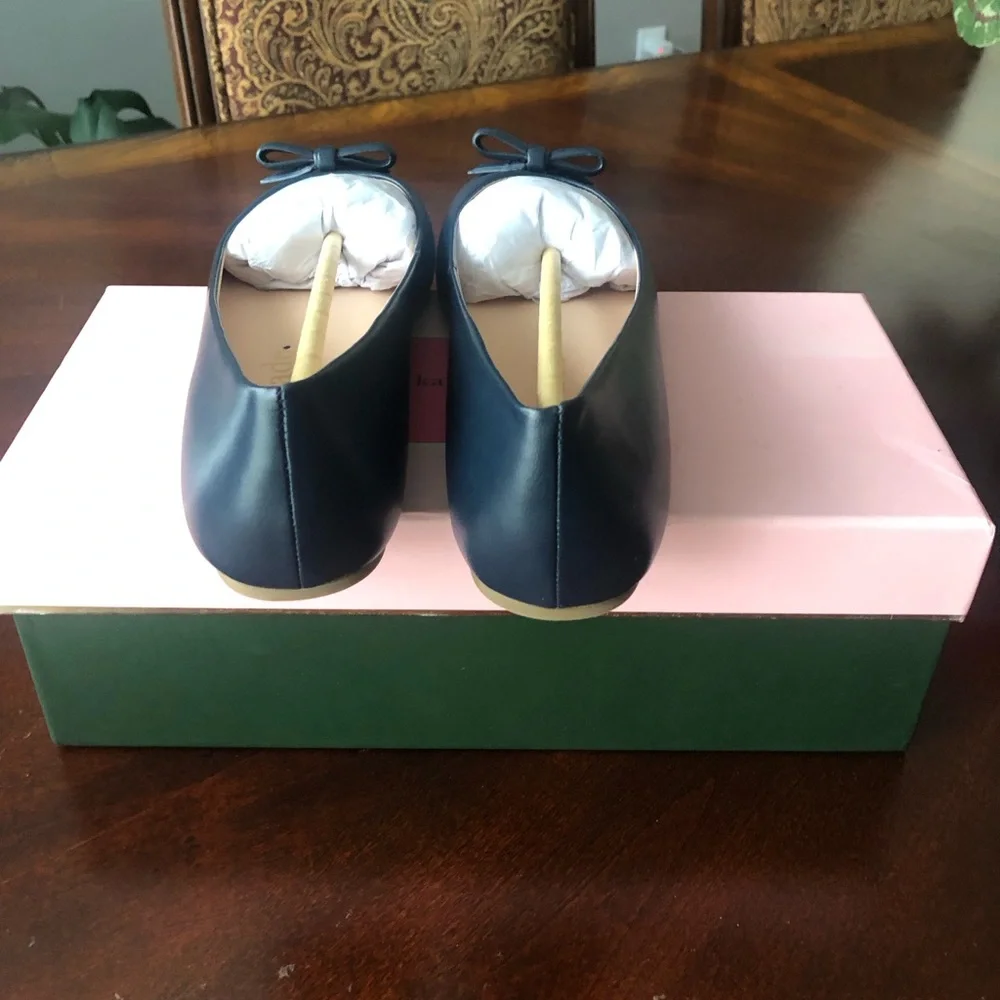 NEW Kate Spade Kiersten Bow Leather Navy Round Toe Ballet Flats Shoes Size 9